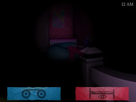 Mary's bedroom at 12 AM with cassette player buttons and bed check UI in Five Nights at Candy's 3